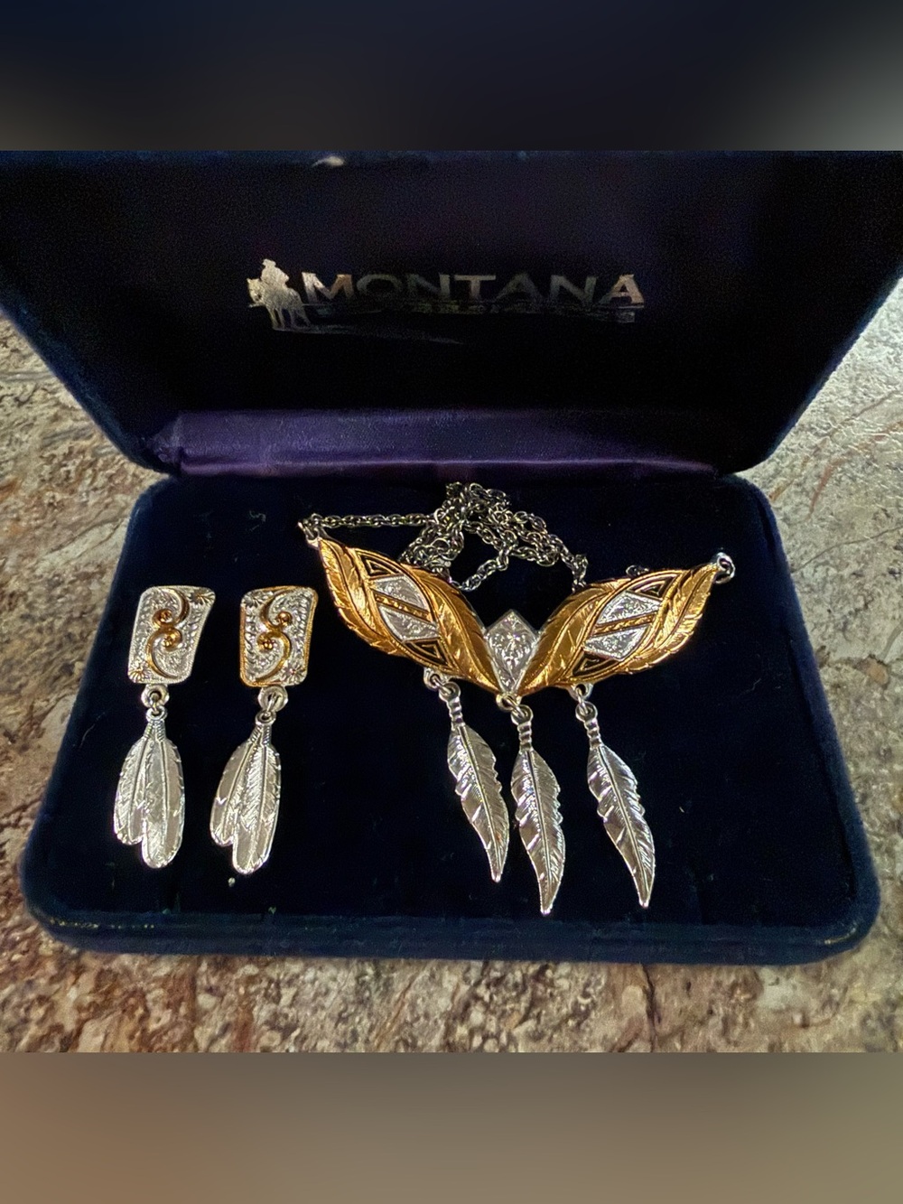 Montana Silversmiths Feather Pendant Necklace and Drop Earrings - Gold & Silver